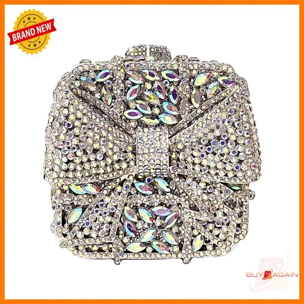 Mini Crystal Bowknot Evening Clutch with Detachable Chain, Faux Leather